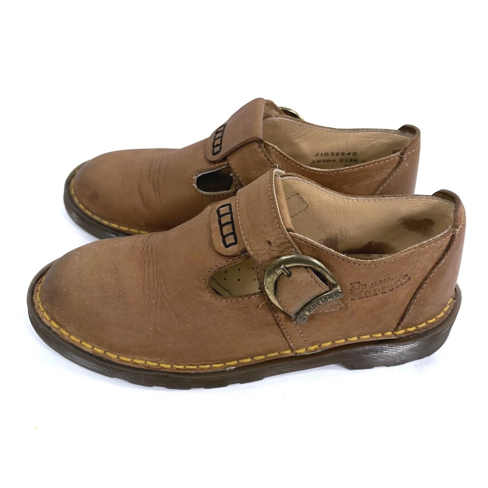 VTG Dr. Martens Mary Jane Tan Brown Leather T-Bar Buckle Shoes US 6.5 UK 4 EU 37